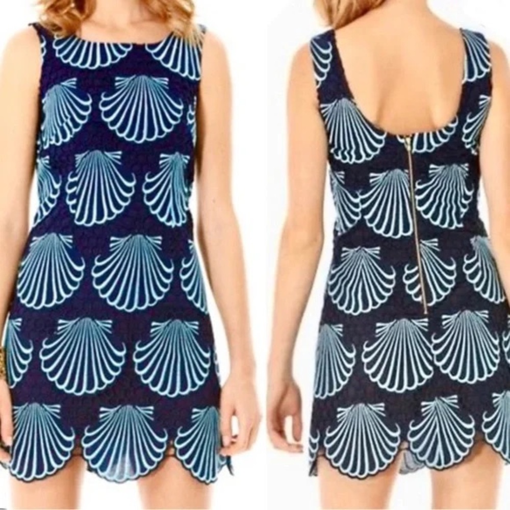 Lilly Pulitzer - Navy & Light Blue Shell Lace Embroidery Shift Dress Size 2